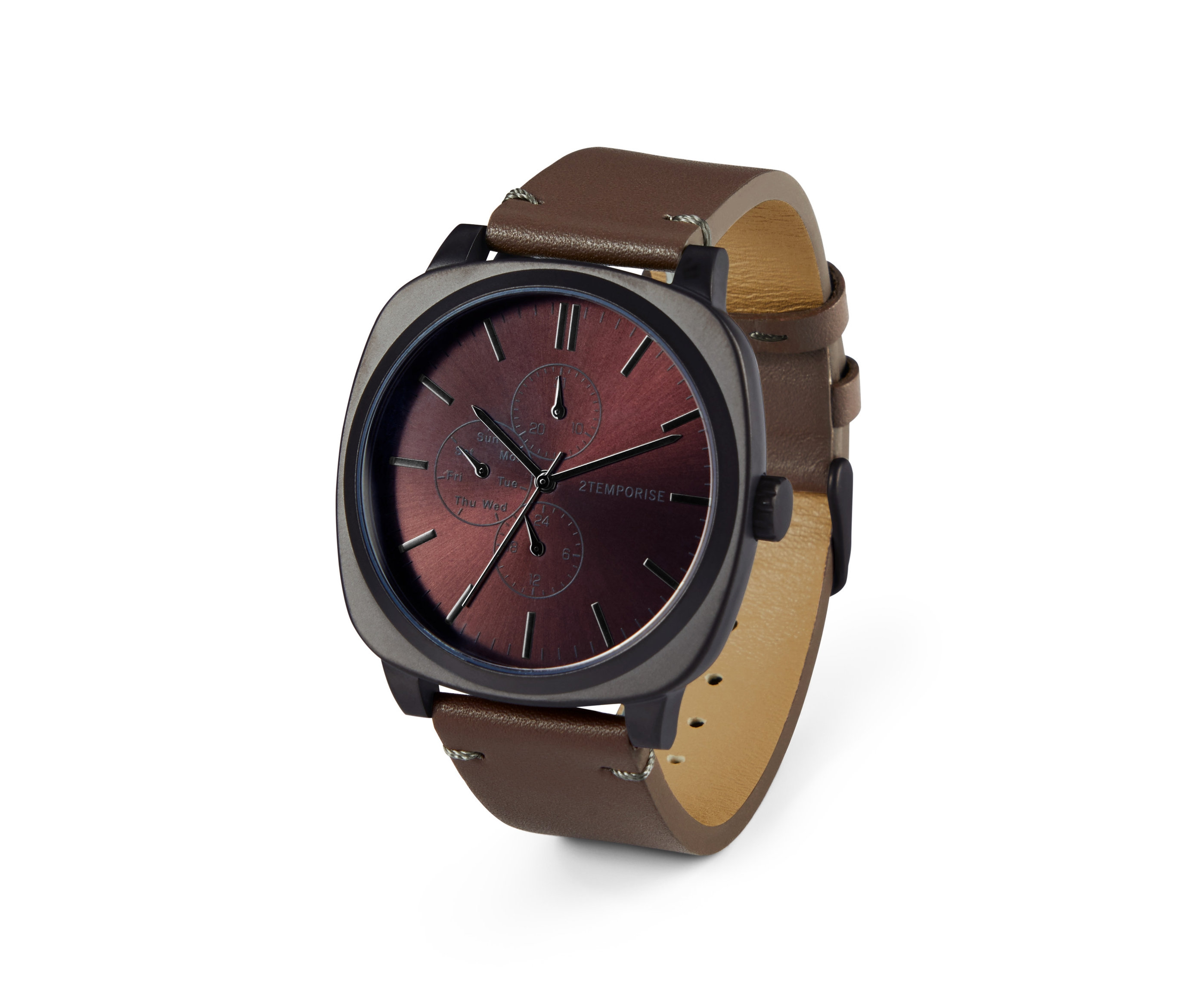 Detail pánskych quartzových hodiniek s hnedým koženým remienkom.