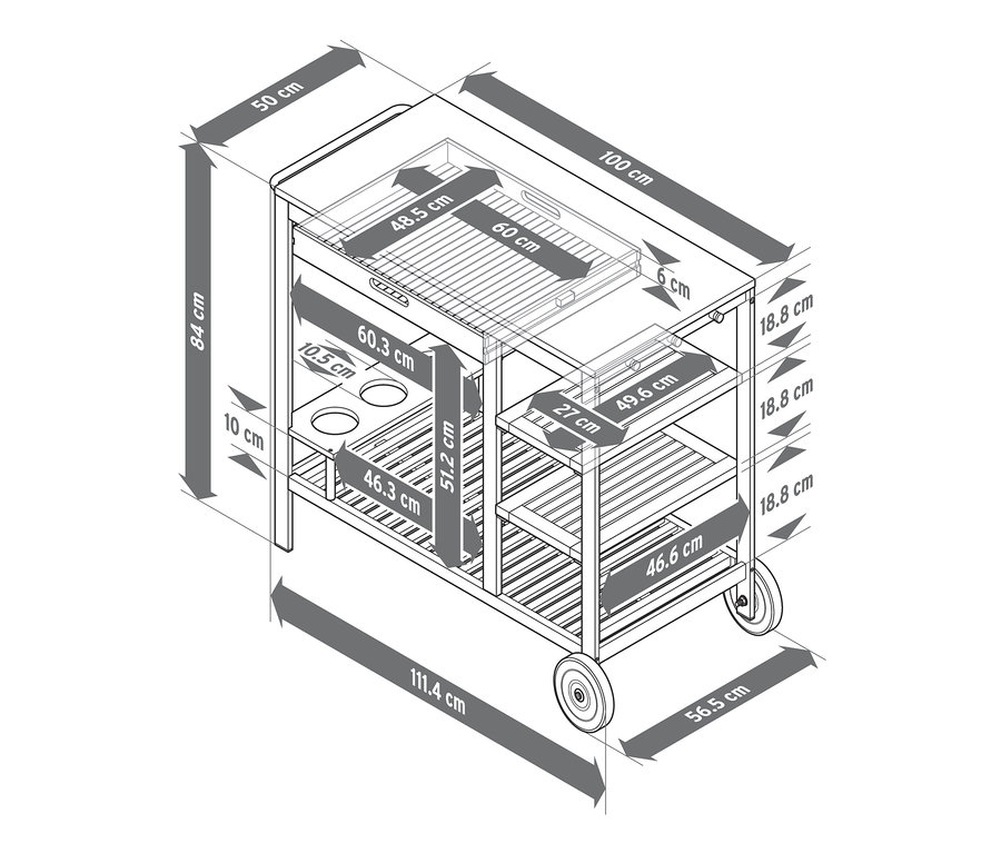 Rozmery grilovacieho vozíka »Elin« z kolekcie Premium, so zásuvkou a betónovou pracovnou plochou.