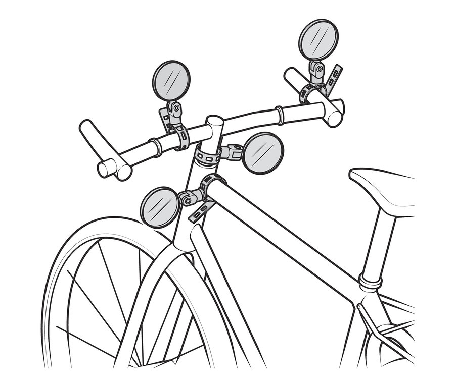 Nákres bicykla s piatimi malými zrkadlami na riadidlách.
