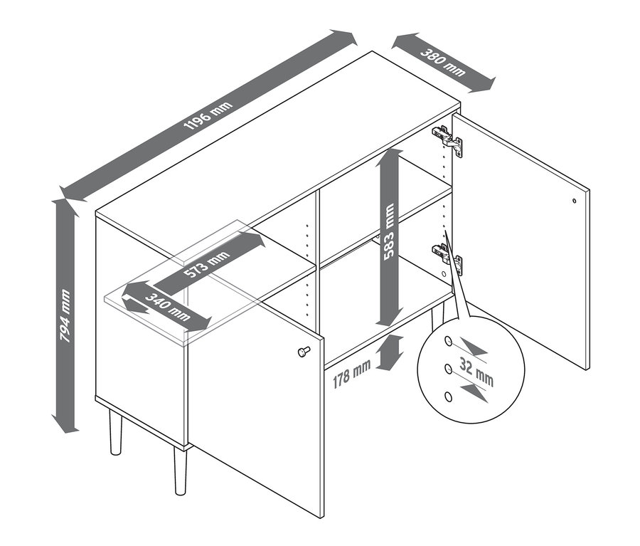 Schéma komody s 2 dvierkami s rozmermi.