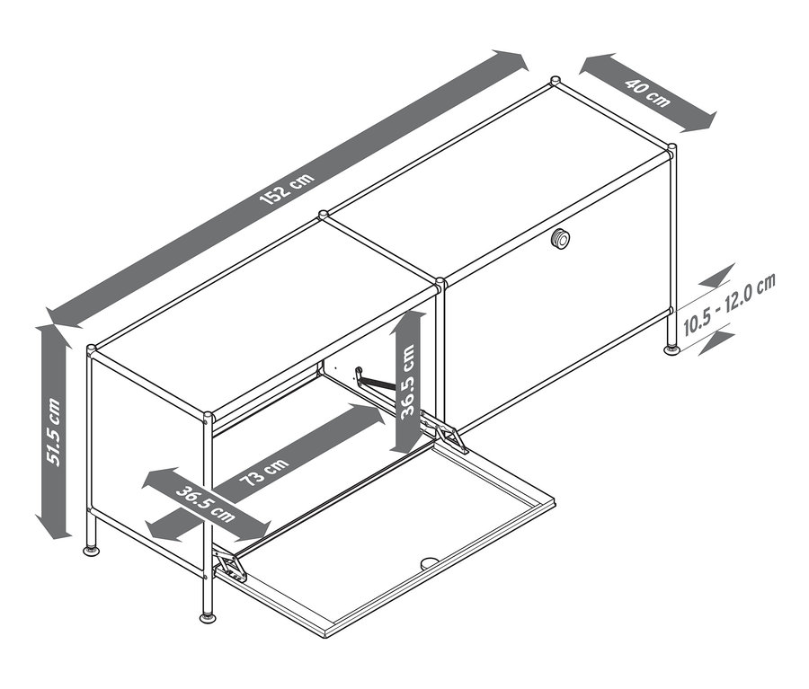 Nízky kovový stolík »CN3« s 2 výklopnými dvierkami, jeden otvorený, s rozmermi.