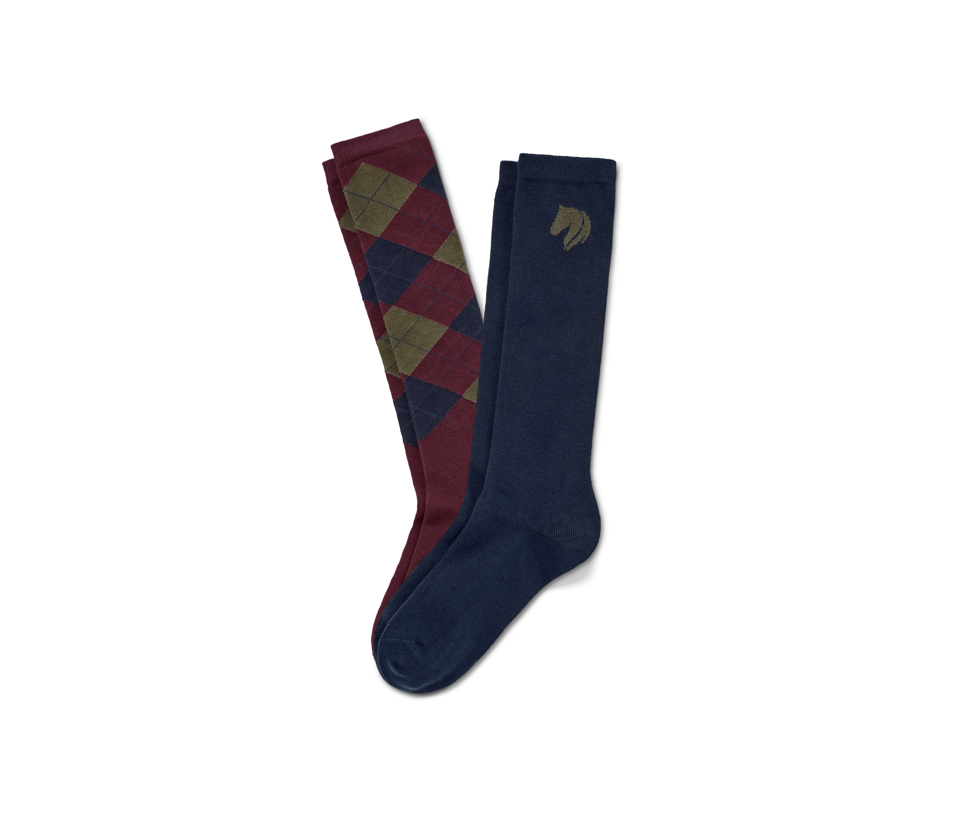 Dva páry detských jazdeckých podkolienok: jeden pár modrý s logom koňa, druhý pár bordový s kosoštvorcovým vzorom.