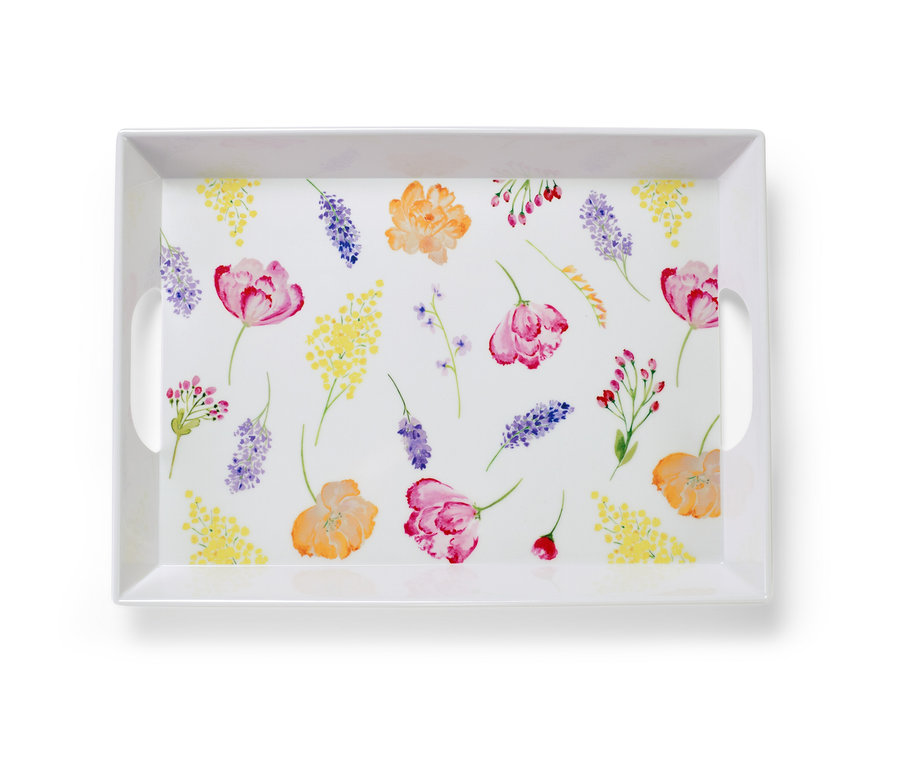 Obdĺžnikový podnos s kvetinovým vzorom a rúčkami.
