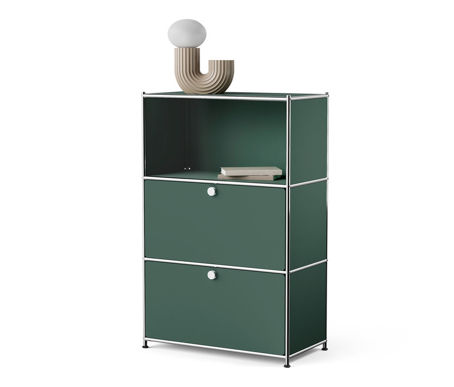 Zelená kovová komoda »CN3« s dvomi výklopnými priečinkami a otvorenou hornou policou.