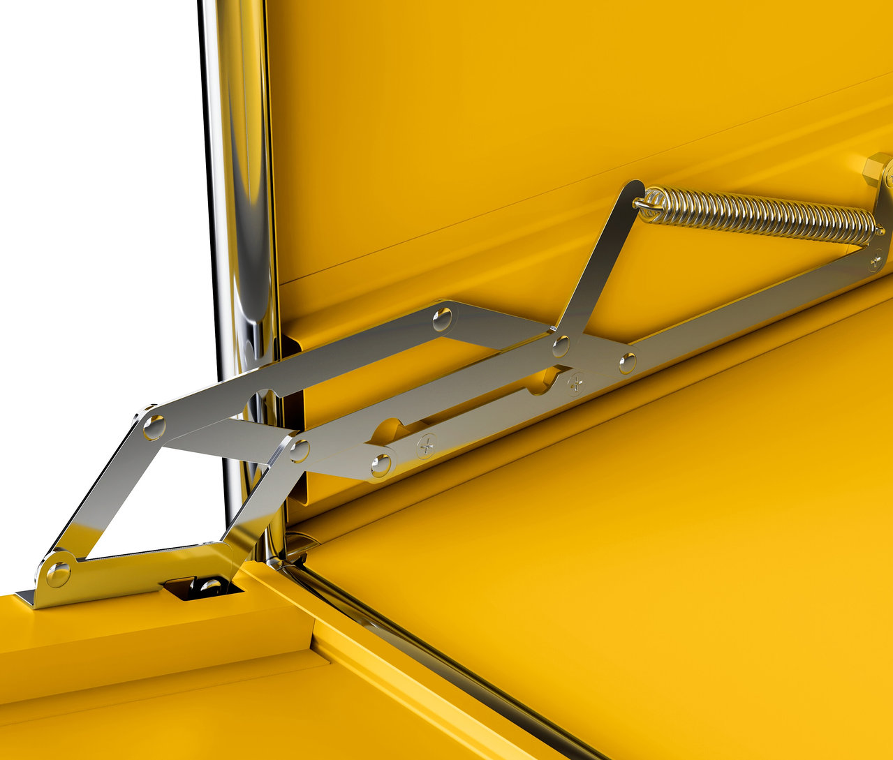 Detail otvorenej žltej kovovej odkladacej skrinky »CN3« s 1 výklopným priečinkom.