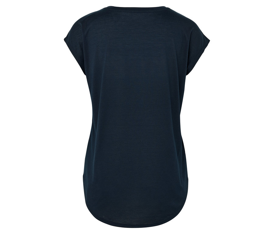 Pohľad zozadu na tmavomodré tričko s krátkym rukávom.