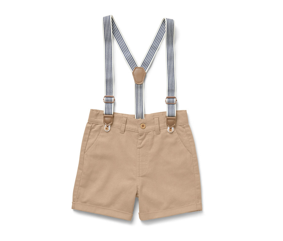 Detské khaki šortky s modro-bielymi pruhovanými trakmi.