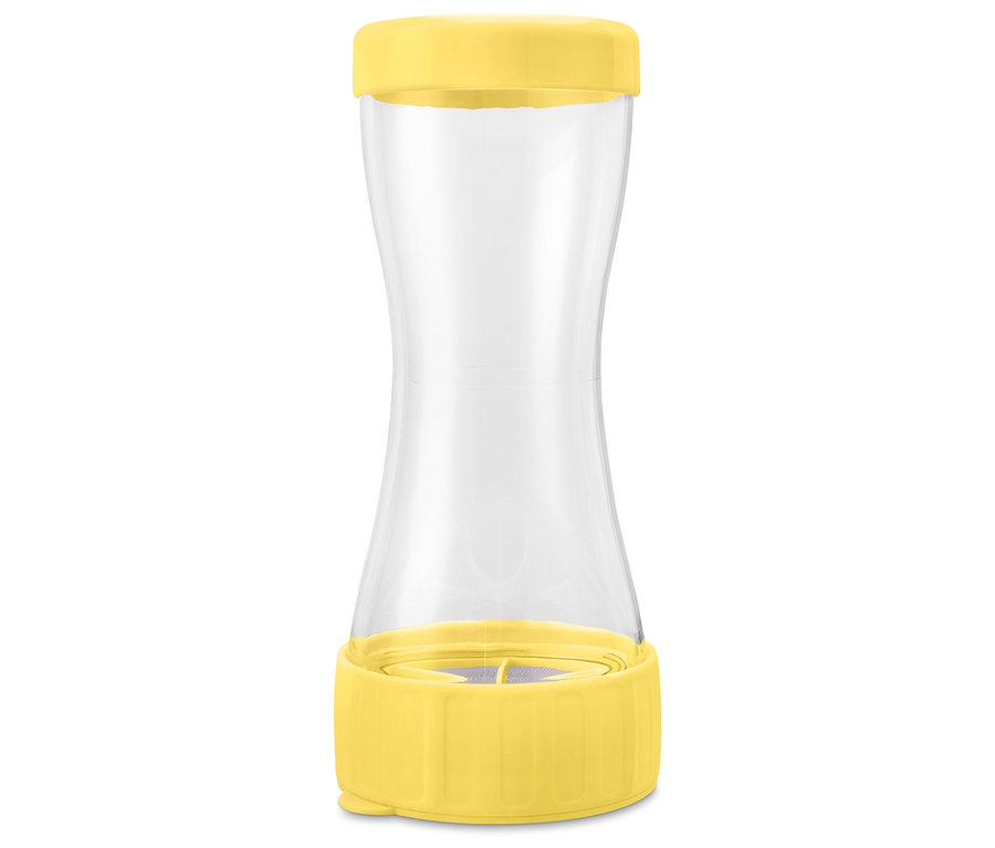 Prázdna nádoba v tvare presýpacích hodín so žltým vrchnákom a podstavou.