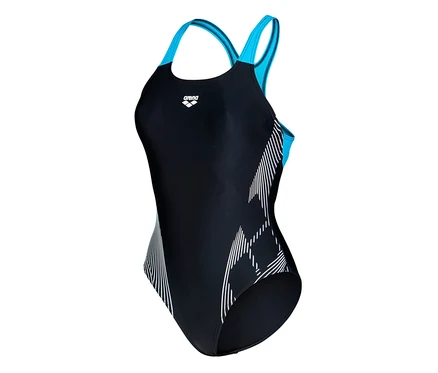 Čierne dámske jednodielne plavky arena Feel Lily Swim Pro Back s tyrkysovými ramienkami a bielym geometrickým vzorom.