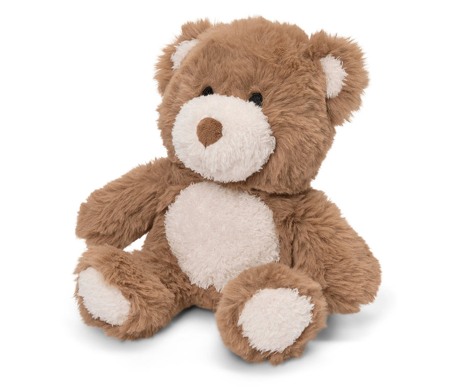 Hnedý plyšový medvedík sedí na bielom pozadí.