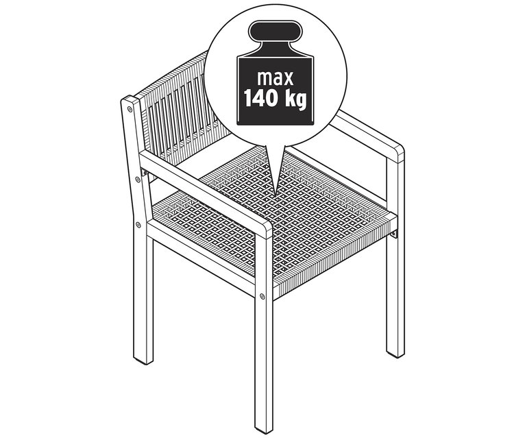 Ilustrácia jedálenskej stoličky s textilným výpletom s maximálnou nosnosťou 140 kg.