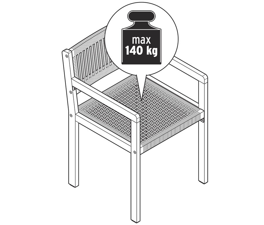 Ilustrácia jedálenskej stoličky s textilným výpletom s maximálnou nosnosťou 140 kg.