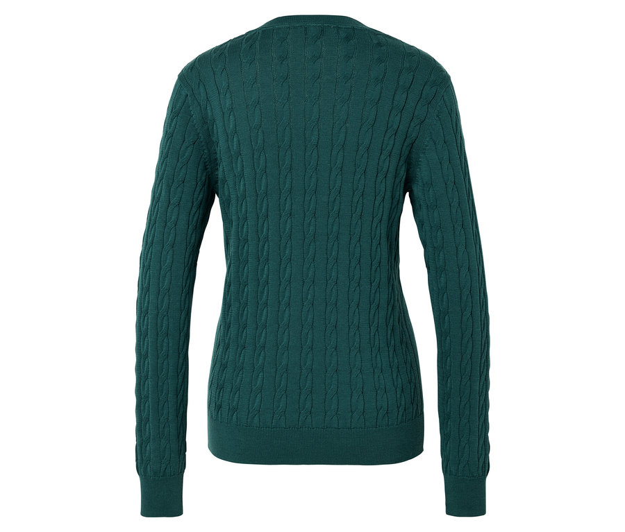 Pohľad zozadu na smaragdovo zelený pletený sveter s dlhými rukávmi.