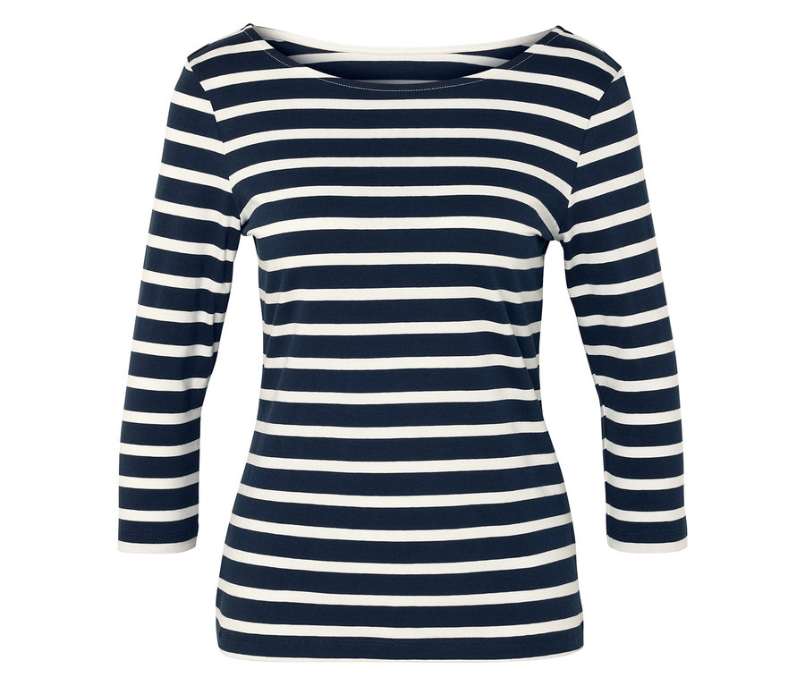 Modro-biely pruhovaný top s trojštvrťovými rukávmi.