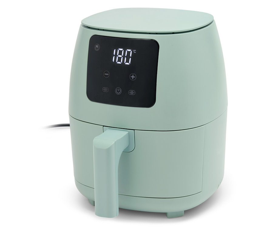 Svetlozelená teplovzdušná fritéza s digitálnym displejom zobrazujúcim 180 stupňov.