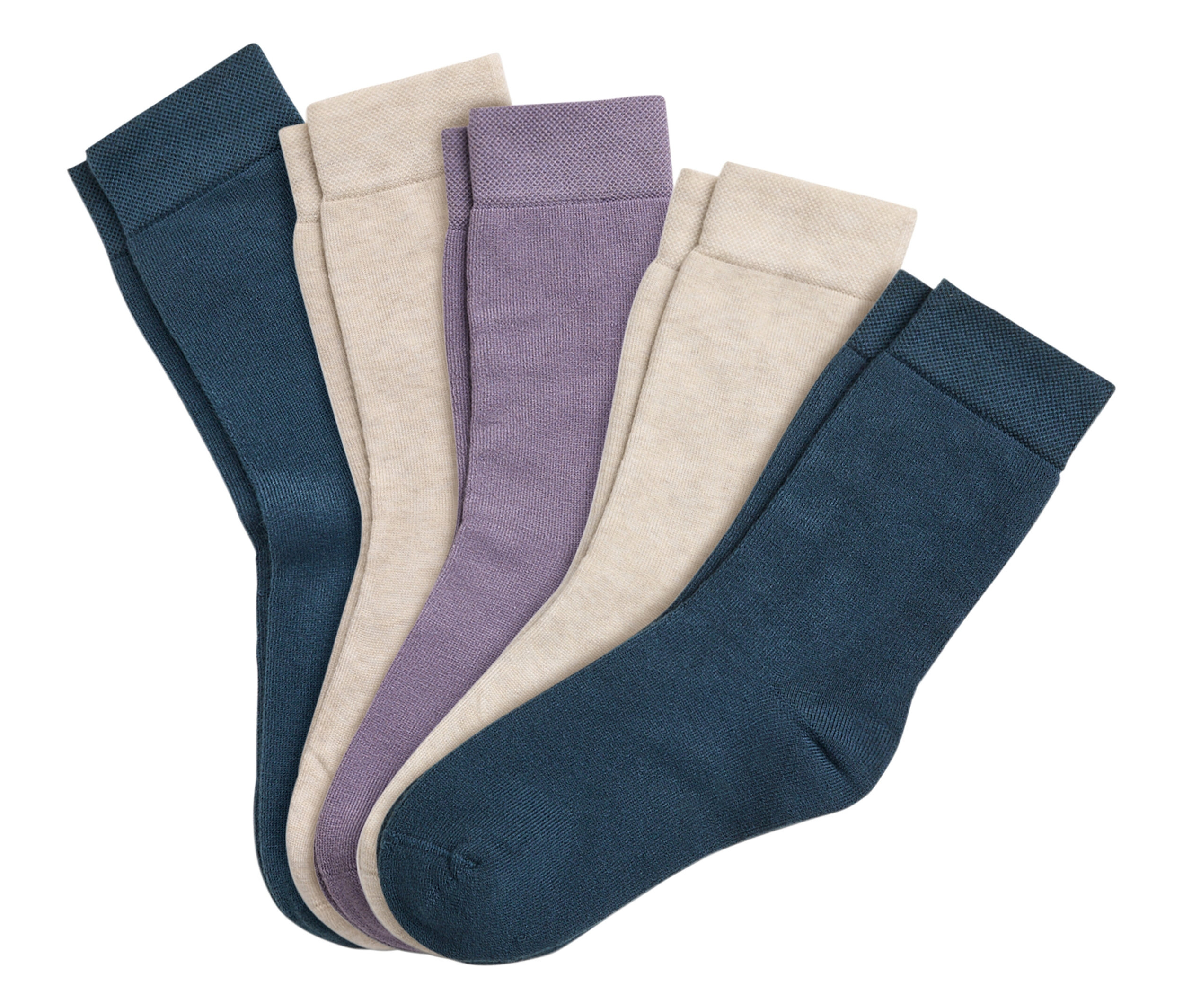 Päť párov ponožiek vo farbách tmavomodrá, béžová a fialová.