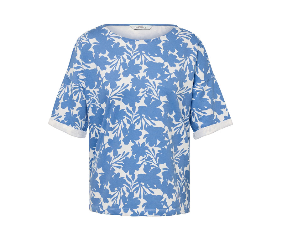 Svetlomodrá mikina s kvetinovou potlačou.