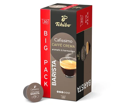 Balenie kávových kapsúl Tchibo Cafissimo Caffe Crema Barista stojí na bielom pozadí.