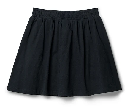 Námornícka modrá sukňa s elastickým pásom leží na bielom pozadí.