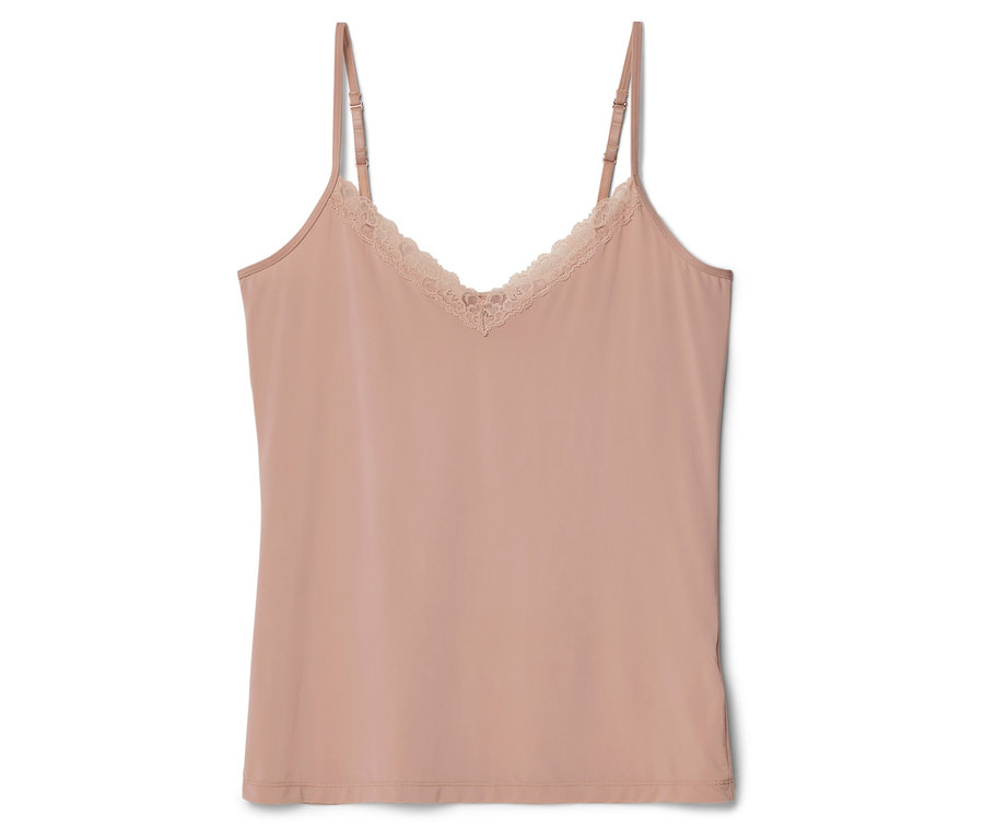 Ružový top s čipkou a tenkými ramienkami leží na bielom pozadí.