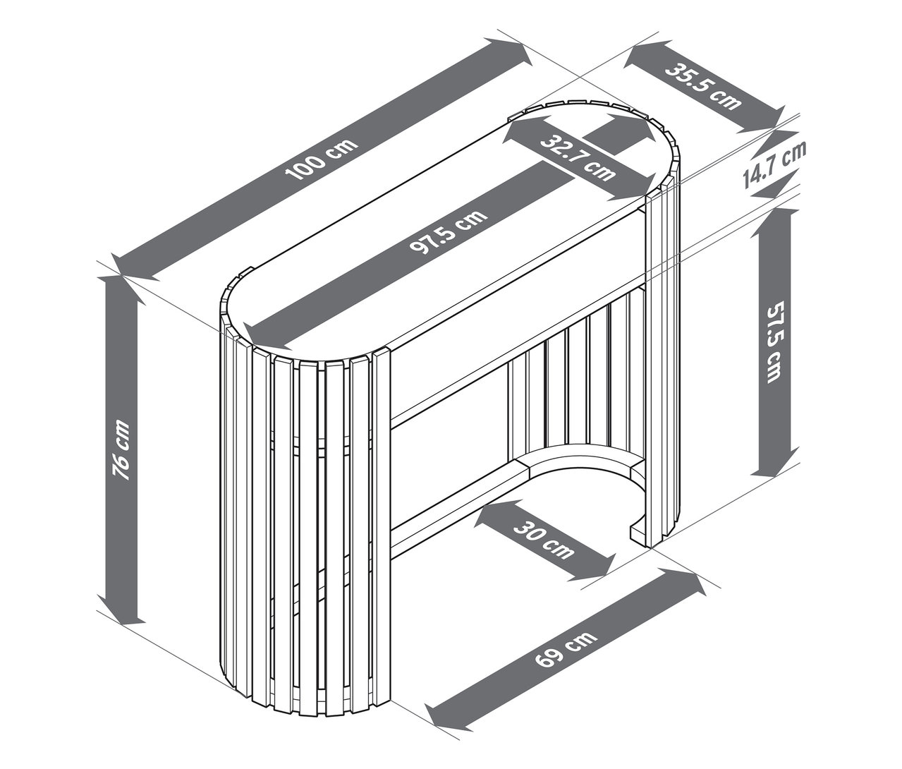 Pohľad zhora na konzolu z bambusu s lamelovými prvkami a rozmermi v centimetroch.