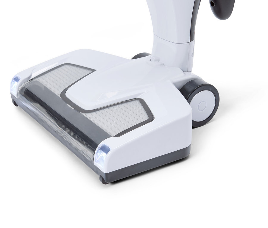 Detailný záber bielej hlavy vysávača so sivými akcentmi na bielom pozadí.