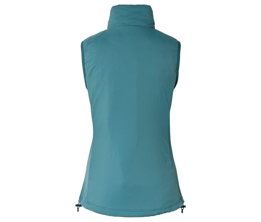 Pohľad zozadu na tyrkysovú vestu bez rukávov so stojačikom.