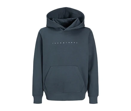 Tmavosivá mikina s kapucňou Jack&Jones Star s kapucňou, klokaním vreckom a bielym logom Jack&Jones na hrudi.