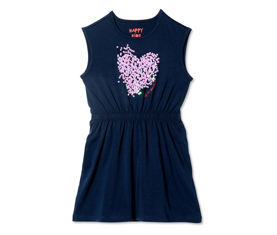 Tmavo modré džersejové šaty s obojstrannými flitrami v tvare srdca.