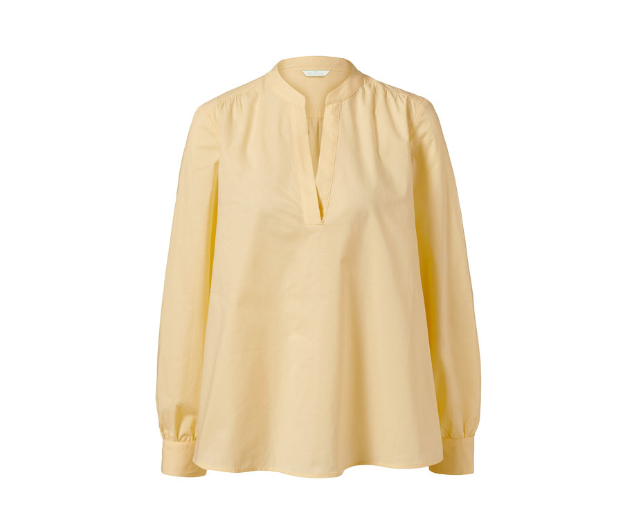 Žltá popelínová blúzka s dlhými rukávmi a výstrihom do V.