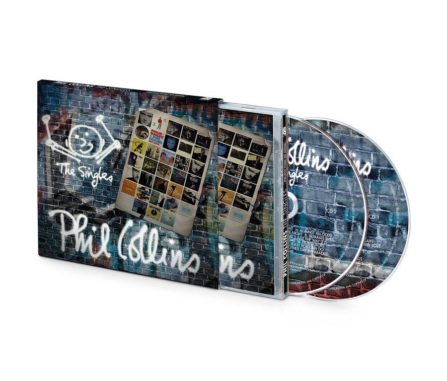 CD »Phil Collins – The Singles« zobrazené v obale a dva disky.