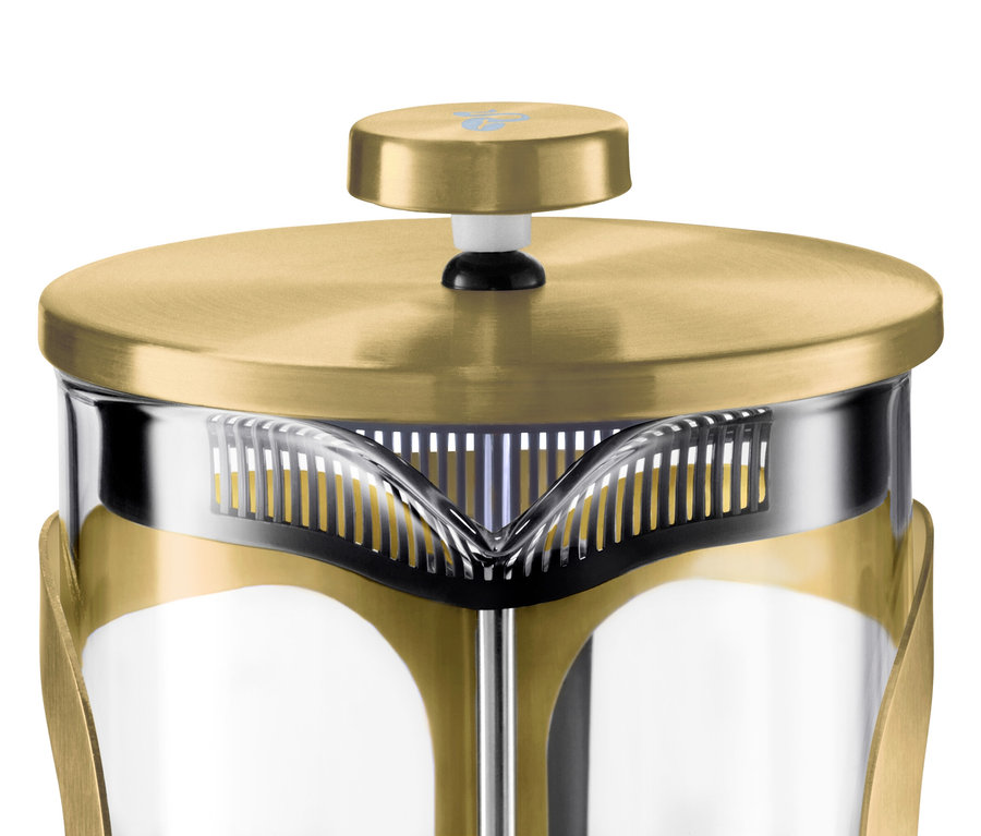 Detail zlatej kanvice french press na 6 šálok.