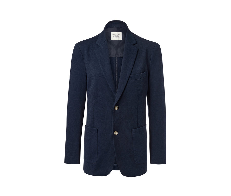 Tmavo modré sako s gombíkmi a vreckami.