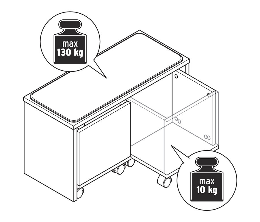 Nákres lavice s úložnými boxmi a multiplexovými hranami z pravého dreva s maximálnou nosnosťou 130 kg.