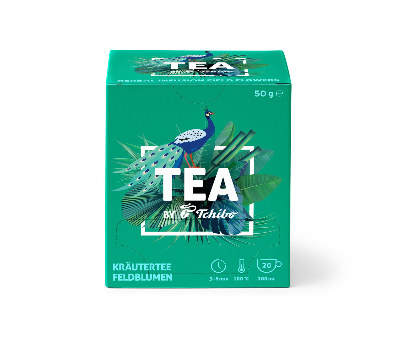 Zelená krabička bylinného čaju s poľnými kvetmi s príchuťou pomaranča – 8 x 20 čajových vrecúšok s obrázkom páva.