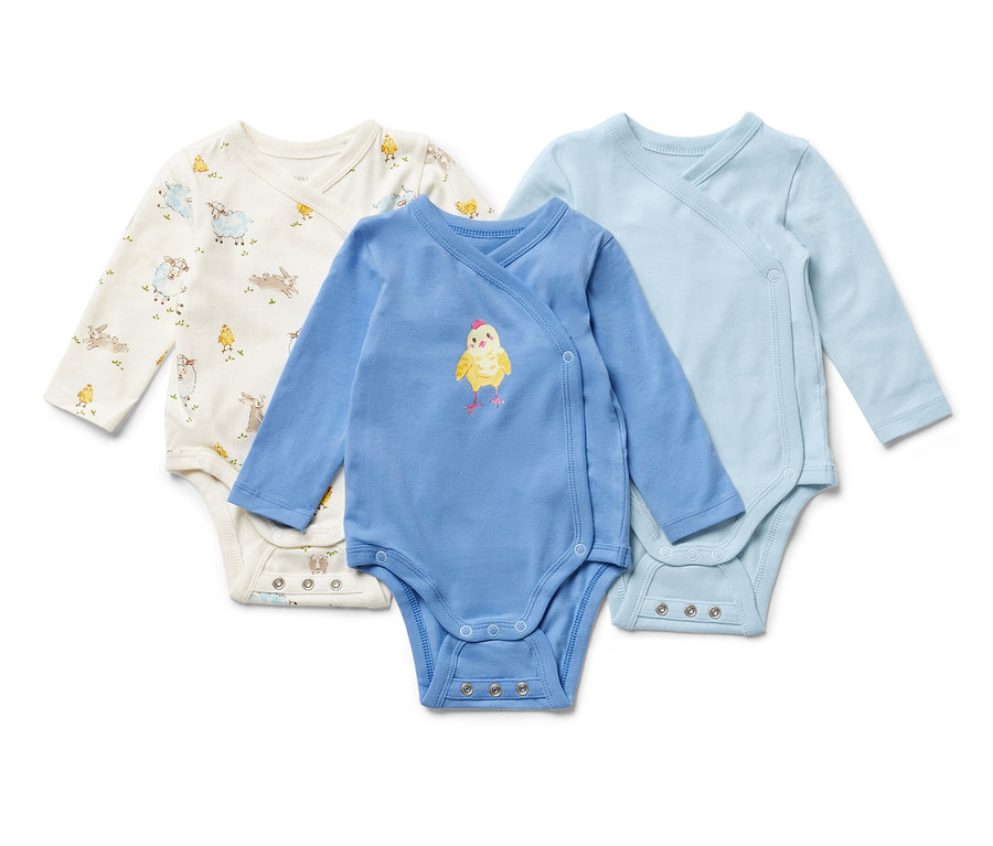 Tri modré body pre bábätká s možnosťou prispôsobenia veľkosti.