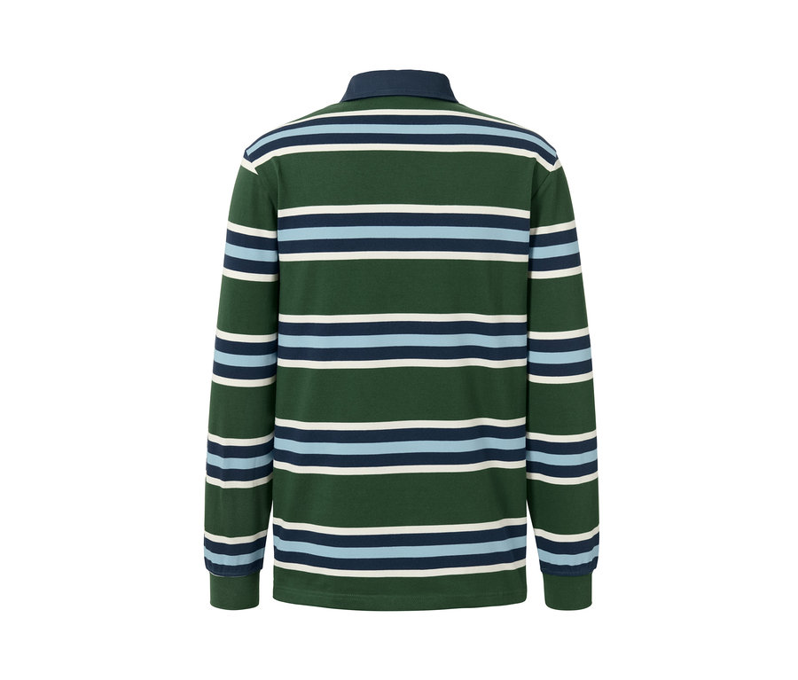 Pohľad zozadu na polokošeľu s dlhými rukávmi so zelenými, modrými a bielymi vodorovnými pruhmi.