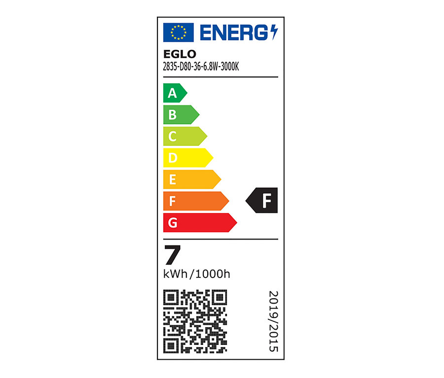 Energetický štítok LED závesnej lampy, 4 svietidlá, trieda F, spotreba 7 kWh/1000h.