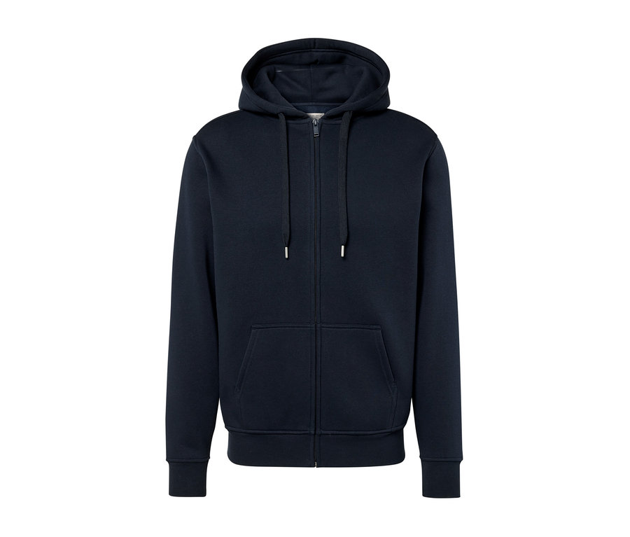 Tmavo modrá mikina s kapucňou so zipsom uprostred.
