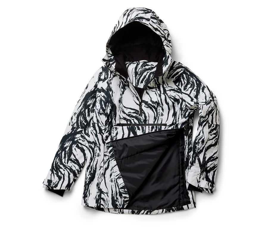 Bielo-čierna bunda so zvieracou potlačou so zipsom a kapucňou.