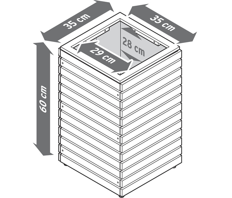 Rozmery zvislého stĺpového kvetináča Tinus sú 60 cm na výšku a 35 cm na šírku.