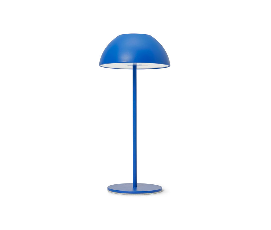 Modrá stolová LED lampa s akumulátorom.