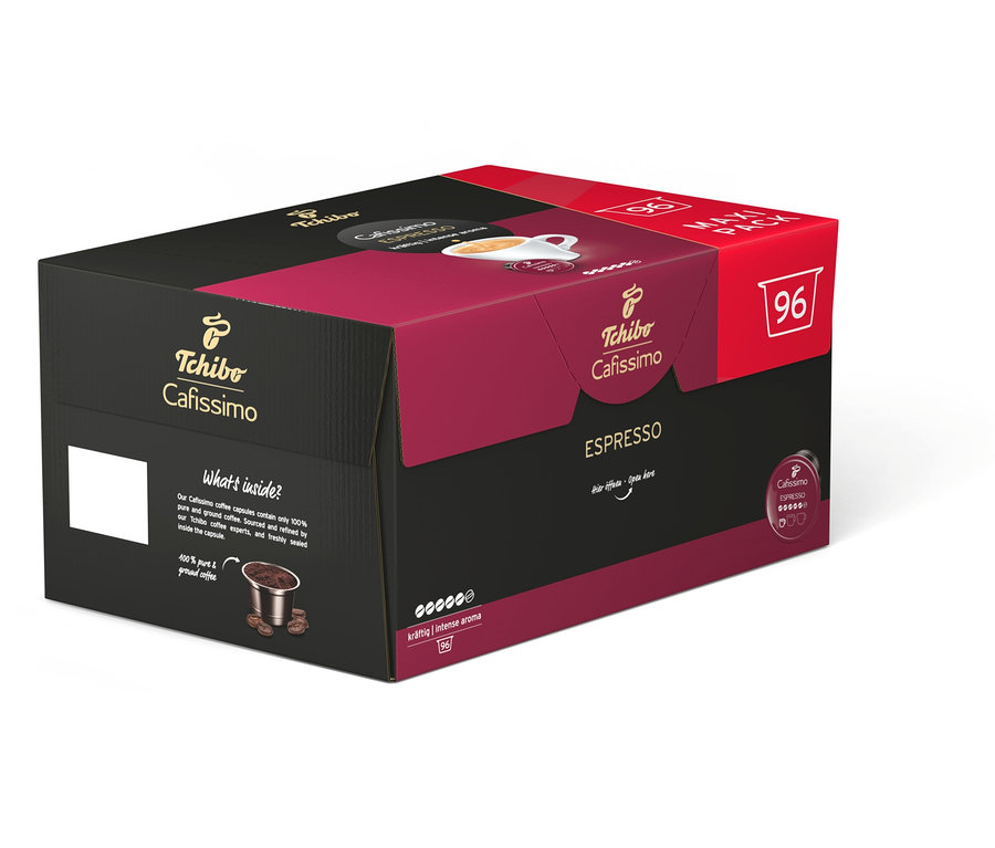 Balenie 96 kapsúl Tchibo Cafissimo Espresso. Balenie je čierne, červené a biele.