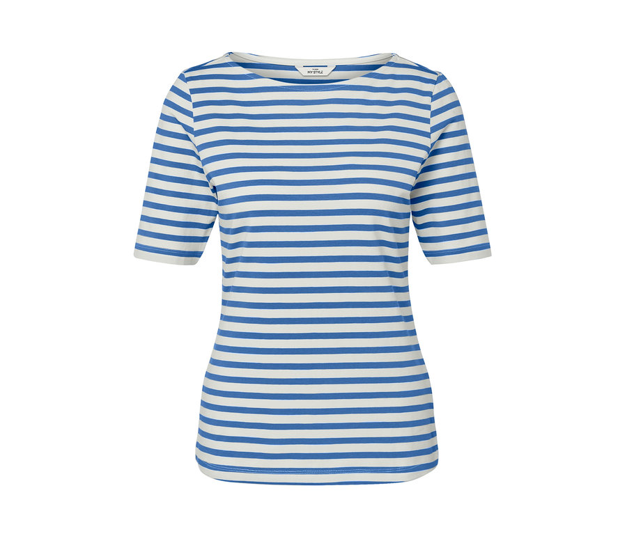 Modré pásikavé tričko s polodlhým rukávom.