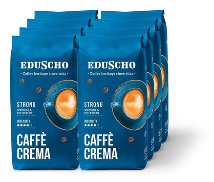 Osem modrých balení zrnkovej kávy EDU Crema Strong 1000gx8 poukladaných za sebou.
