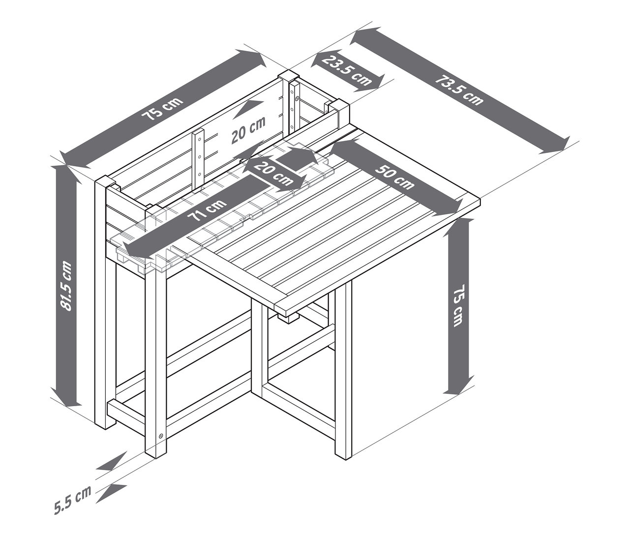 Detailný schematický nákres záhradného stola s nadstavbou na rastliny a rozmermi v centimetroch.
