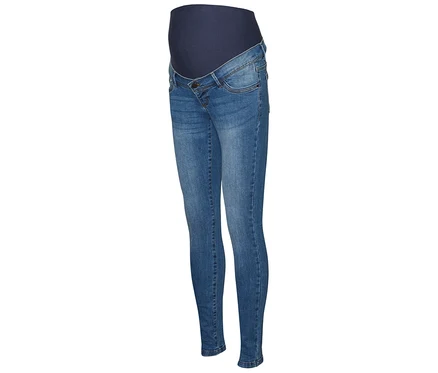 Detail skinny džínsov MAMALICIOUS »MLMILA« s tmavomodrým brušným pásom.