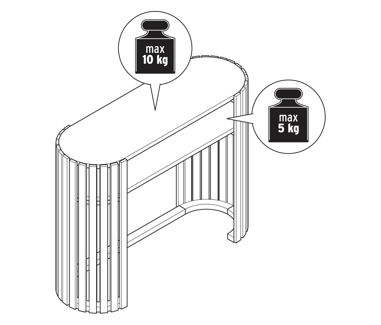 Nákres bambusovej konzoly s lamelovými prvkami a údajmi o maximálnej hmotnosti.