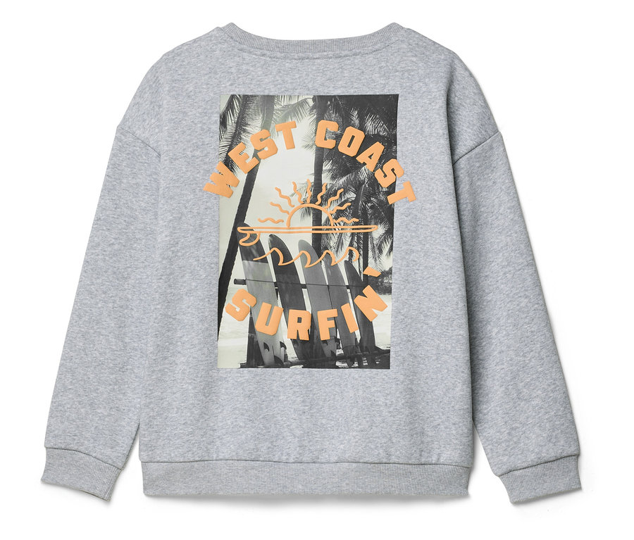 Sivá mikina s potlačou surfových dosiek, paliem a nápisom 'West Coast Surfing' na chrbte.