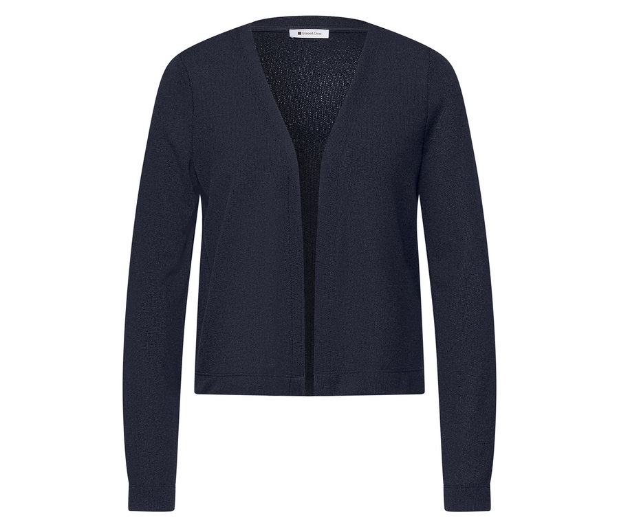 Detailný záber na tmavomodrý kardigán Street One, rozložený na bielom pozadí.